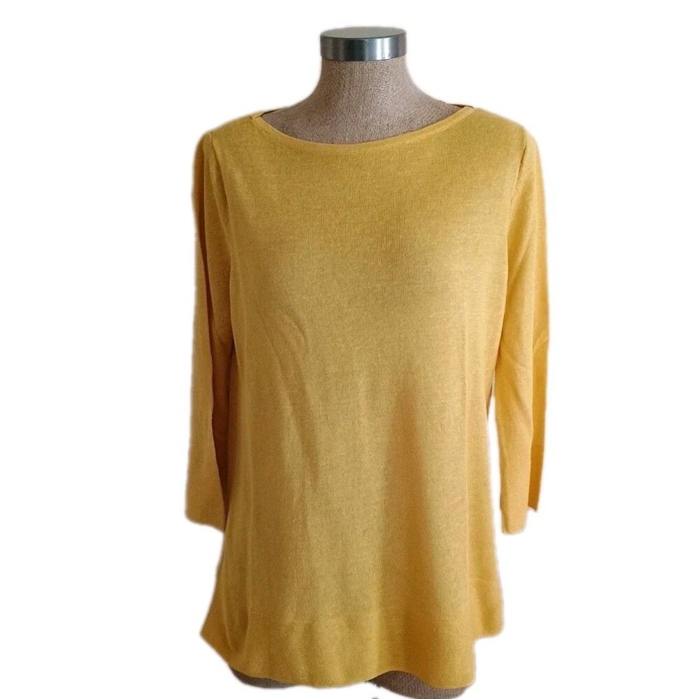 J.Jill  Sweater Womens Size Medium Linen Blend 3/4 Sleeve Yellow Classic